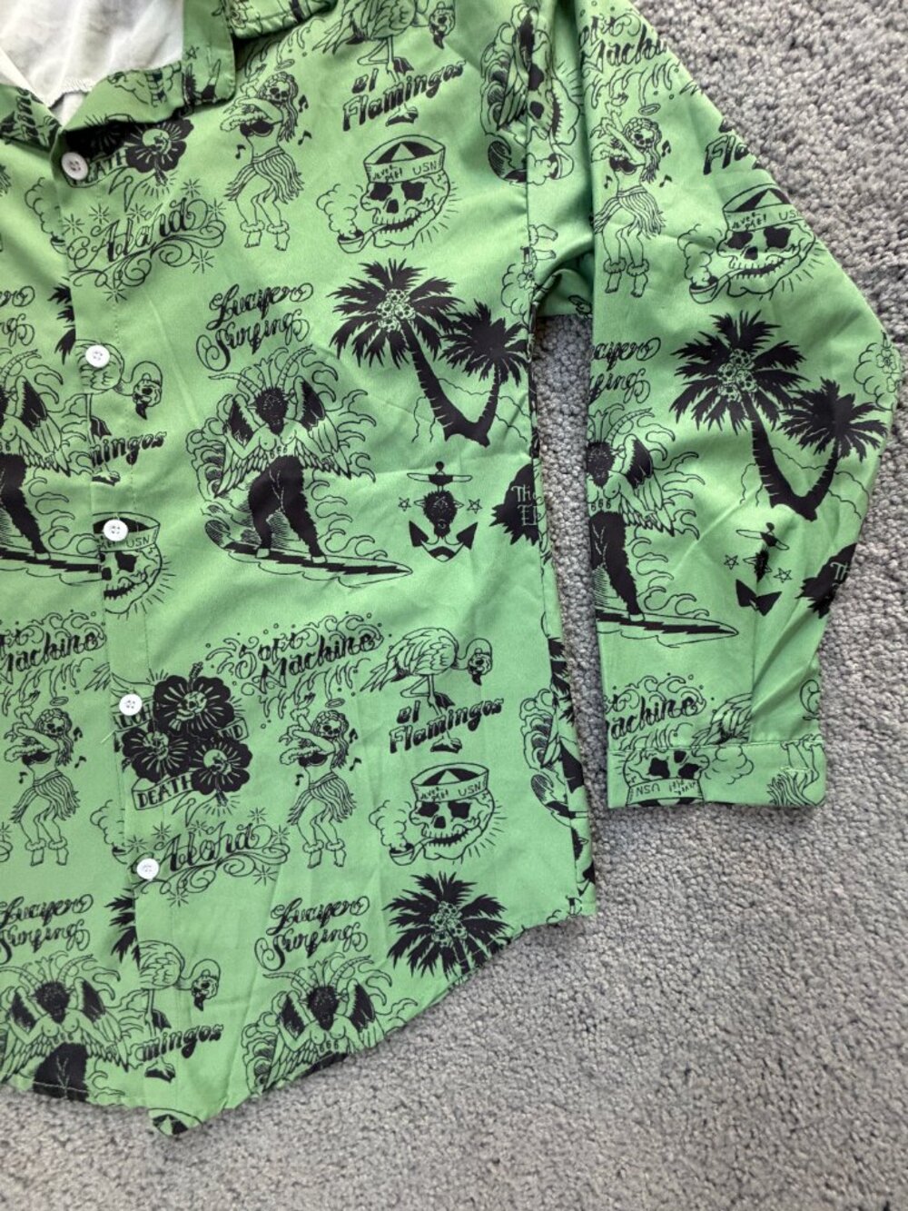 RFAUSNTIY Green Tattoo Print Lucifer Surfing Hawaiian Shirt Sz M 3/4 Sleeve -EUC - Picture 2 of 11